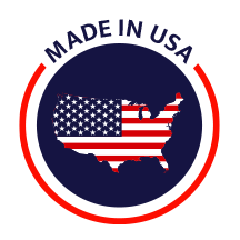 'Made in USA' emblem with American flag inside map outline.